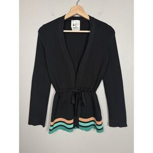Vintage Aristo Kat Tie Waist Belt Black Cardigan‎ Sweater 70s Retro Striped Hem